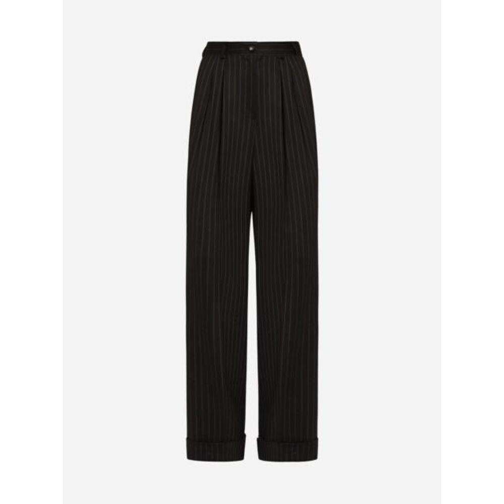 Loro Piana Black Pinstripe Pleated Wide-Leg Trousers